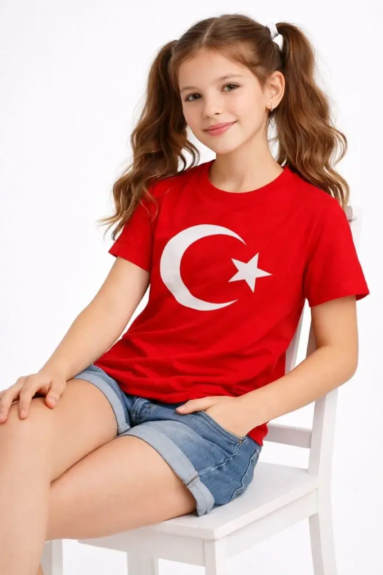 Kız Çocuk Tişört Bisiklet Yaka Ay Yıldız Bayrak Baskılı T-Shirt - Kırmızı