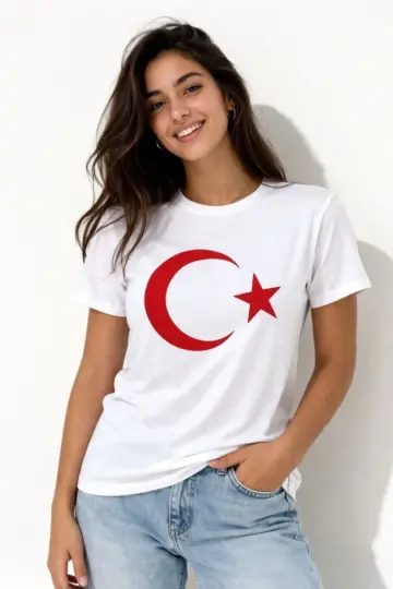 T-Shirt Kısa Kol Bisiklet Yaka Ay Yıldız Bayrak Baskılı Tişört - Beyaz