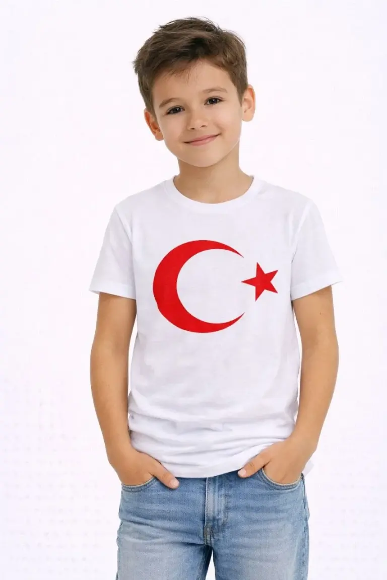 Çocuk Tişört Bisiklet Yaka Ay Yıldız Bayrak Baskılı T-Shirt - Beyaz