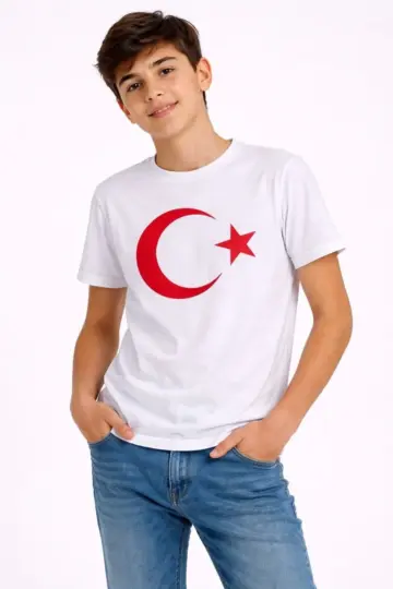 Çocuk Tişört Bisiklet Yaka Ay Yıldız Bayrak Baskılı T-Shirt - Beyaz
