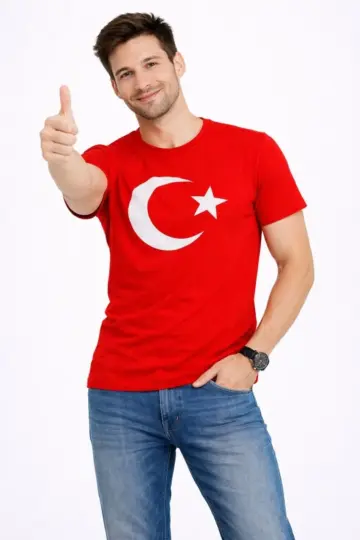 T-Shirt Kısa Kol Bisiklet Yaka Ay Yıldız Bayrak Baskılı Tişört - Kırmızı