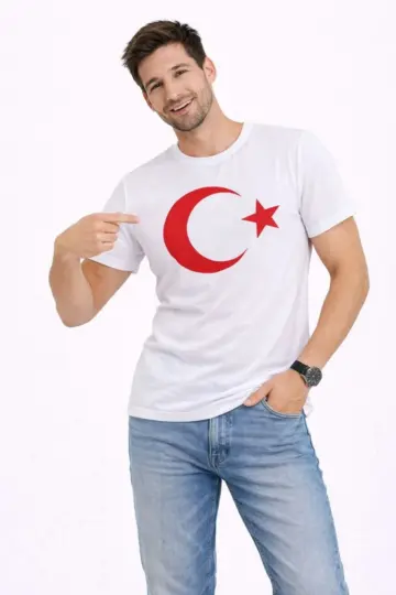 T-Shirt Kısa Kol Bisiklet Yaka Ay Yıldız Bayrak Baskılı Tişört - Beyaz
