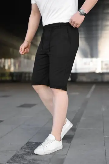 Diagonel Kumaş Duble Paça Cepli Bağcıklı Bel Lastikli ŞORT - Siyah