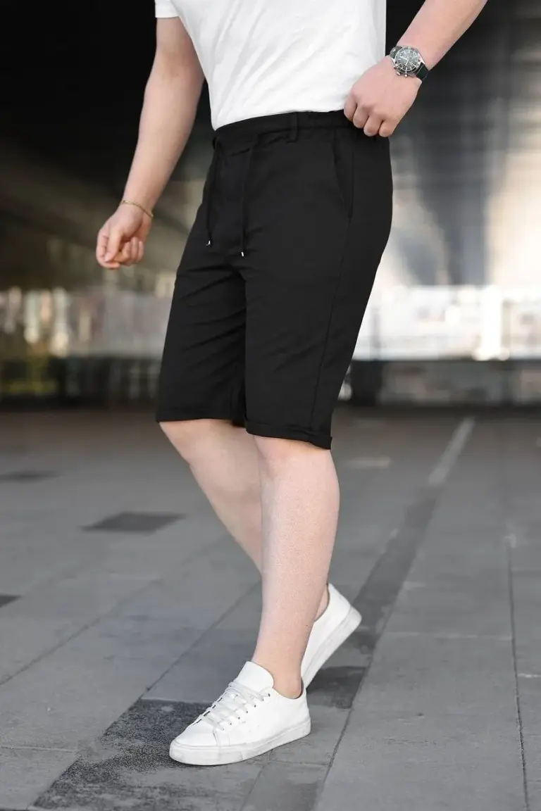 Diagonel Kumaş Duble Paça Cepli Bağcıklı Bel Lastikli ŞORT - Siyah