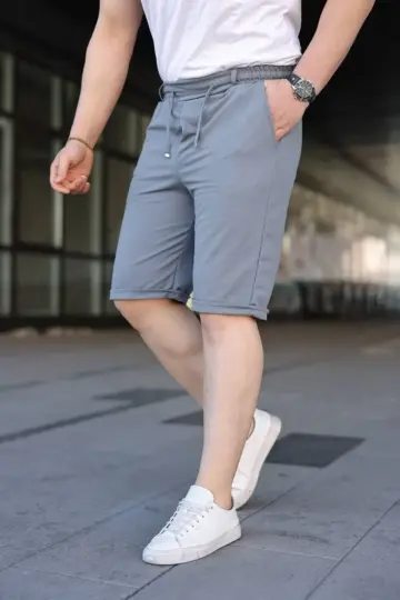 Diagonel Kumaş Duble Paça Cepli Bağcıklı Bel Lastikli ŞORT - Gri