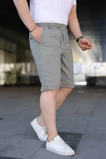 Diagonel Kumaş Duble Paça Cepli Bağcıklı Bel Lastikli ŞORT - Mint Yeşili