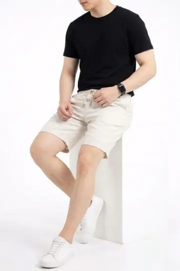 Keten Kumaş Cepli Rahat Kesim Bel Lastikli Şort - Beyaz