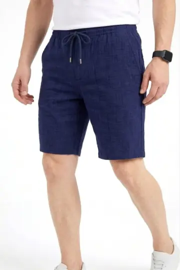 Keten Kumaş Cepli Rahat Kesim Bel Lastikli Şort - Lacivert