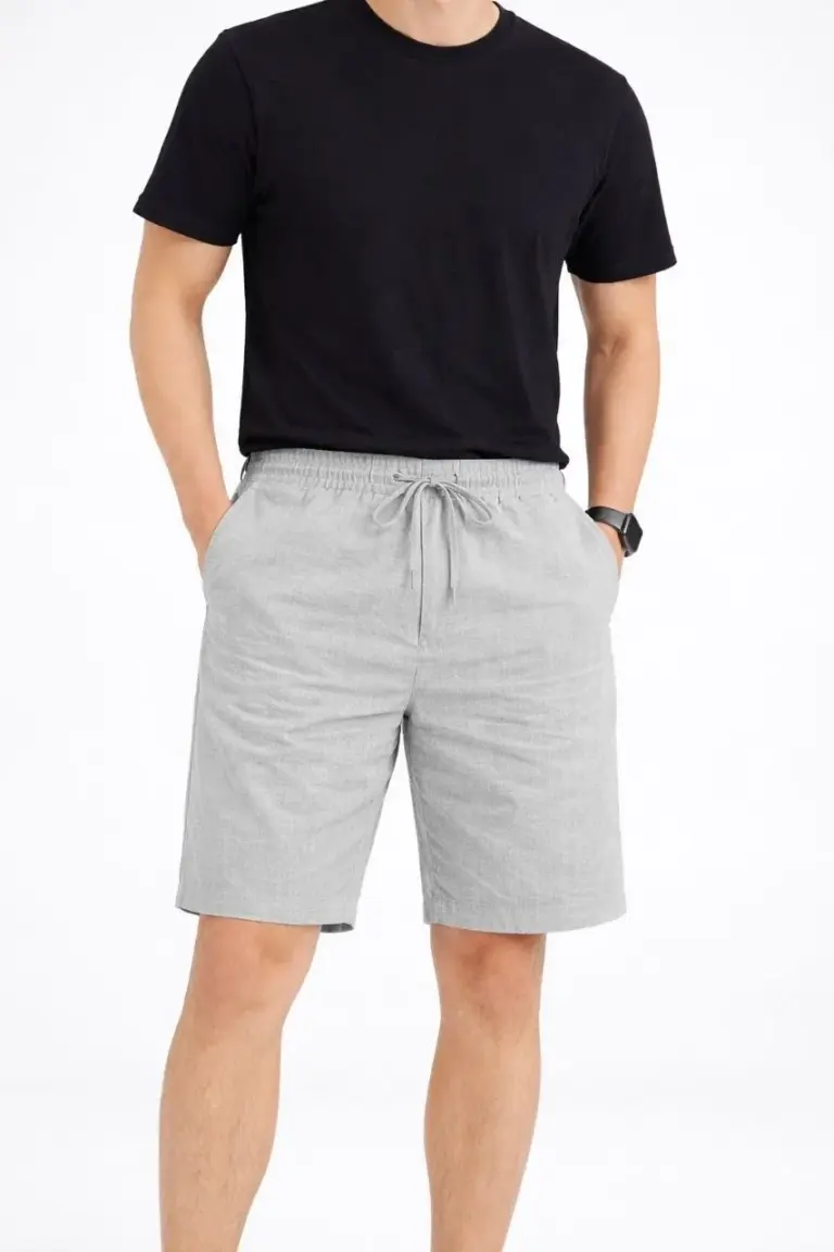 Keten Kumaş Cepli Rahat Kesim Bel Lastikli Şort - Gri