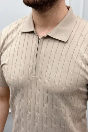 Yazlık Triko Saç Örgü Tişört Kısa Kol Polo Yaka Fermuarlı T-Shirt - Bej