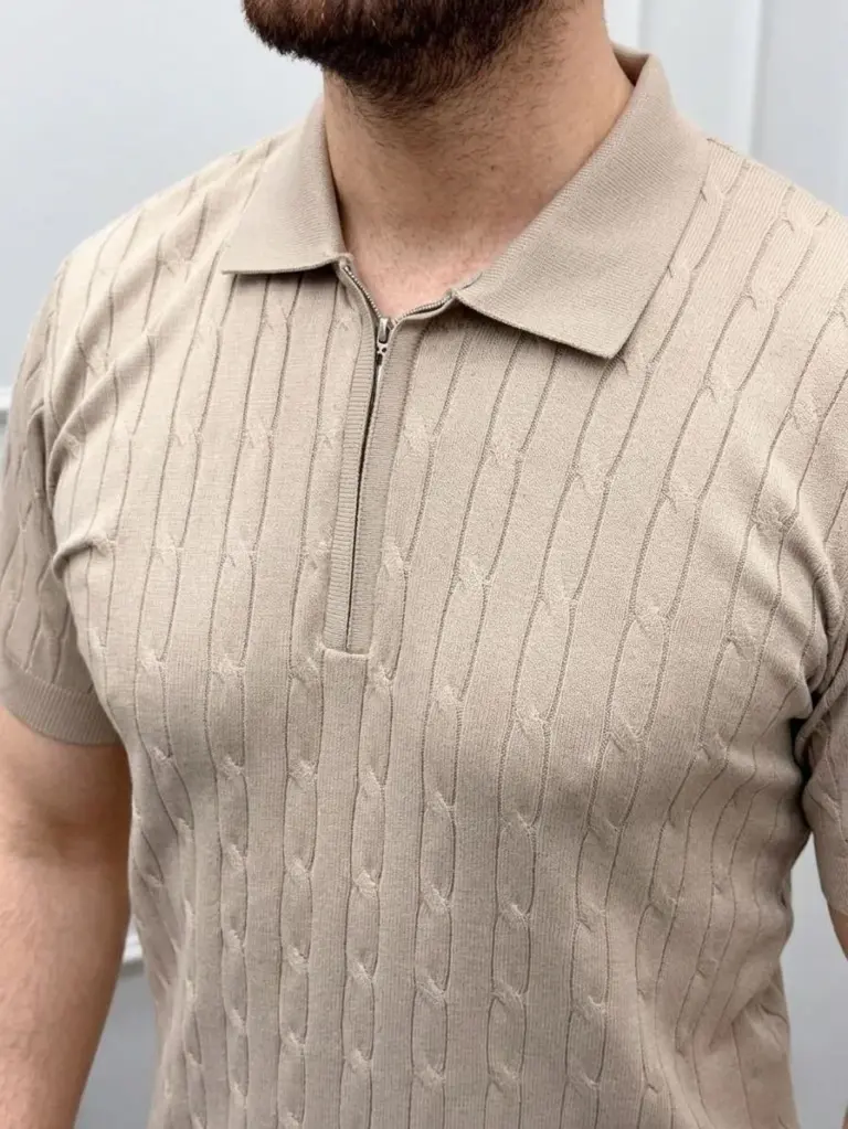 Yazlık Triko Saç Örgü Tişört Kısa Kol Polo Yaka Fermuarlı T-Shirt - Bej