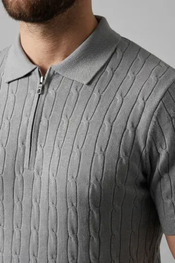 Yazlık Triko Saç Örgü Tişört Kısa Kol Polo Yaka Fermuarlı T-Shirt - Gri