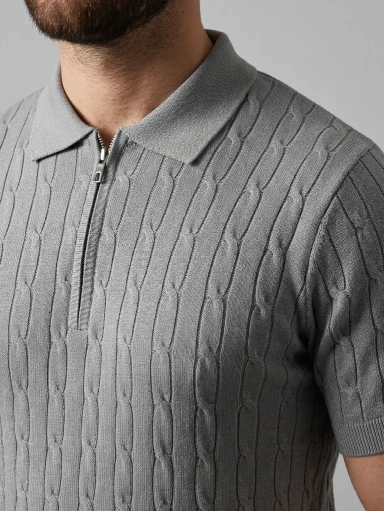 Yazlık Triko Saç Örgü Tişört Kısa Kol Polo Yaka Fermuarlı T-Shirt - Gri