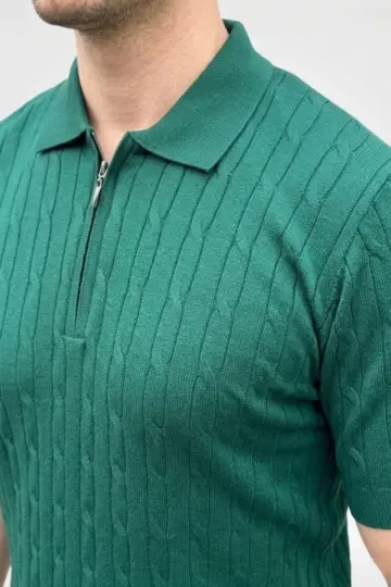 Yazlık Triko Saç Örgü Tişört Kısa Kol Polo Yaka Fermuarlı T-Shirt - Haki