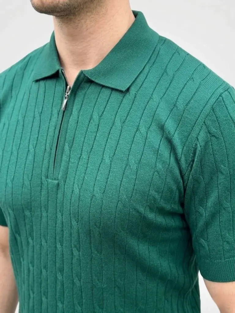 Yazlık Triko Saç Örgü Tişört Kısa Kol Polo Yaka Fermuarlı T-Shirt - Haki