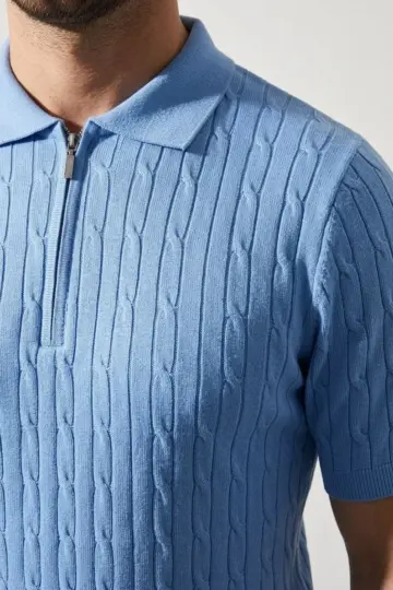 Yazlık Triko Saç Örgü Tişört Kısa Kol Polo Yaka Fermuarlı T-Shirt - Bebe Mavisi