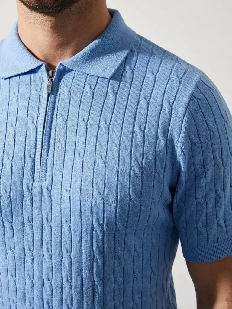 Yazlık Triko Saç Örgü Tişört Kısa Kol Polo Yaka Fermuarlı T-Shirt - Bebe Mavisi