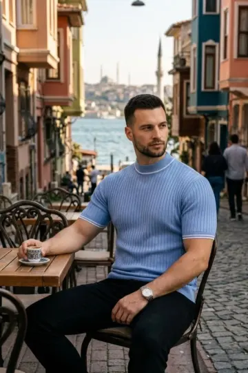 Fitilli Triko Dokuma Kısa Kol Tişört Yarım Boğaz Modern Yazlık T-Shirt - Bebe Mavisi