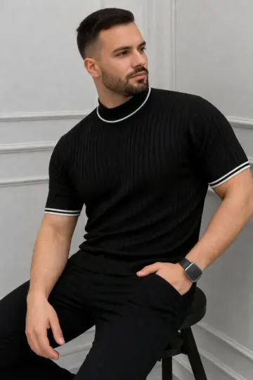 Fitilli Triko Dokuma Kısa Kol Tişört Yarım Boğaz Modern Yazlık T-Shirt - Siyah