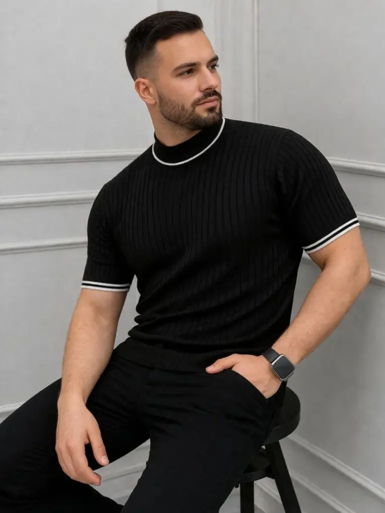 Fitilli Triko Dokuma Kısa Kol Tişört Yarım Boğaz Modern Yazlık T-Shirt - Siyah