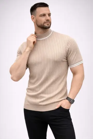 Fitilli Triko Dokuma Kısa Kol Tişört Yarım Boğaz Modern Yazlık T-Shirt - Bej