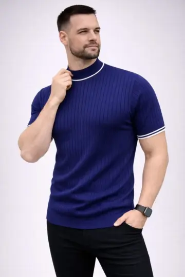 Fitilli Triko Dokuma Kısa Kol Tişört Yarım Boğaz Modern Yazlık T-Shirt - Lacivert