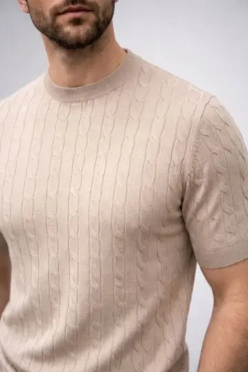 Yazlık Triko Dokuma Tişört Kısa Kol Bisiklet Yaka Örgü Desenli T-Shirt - Bej