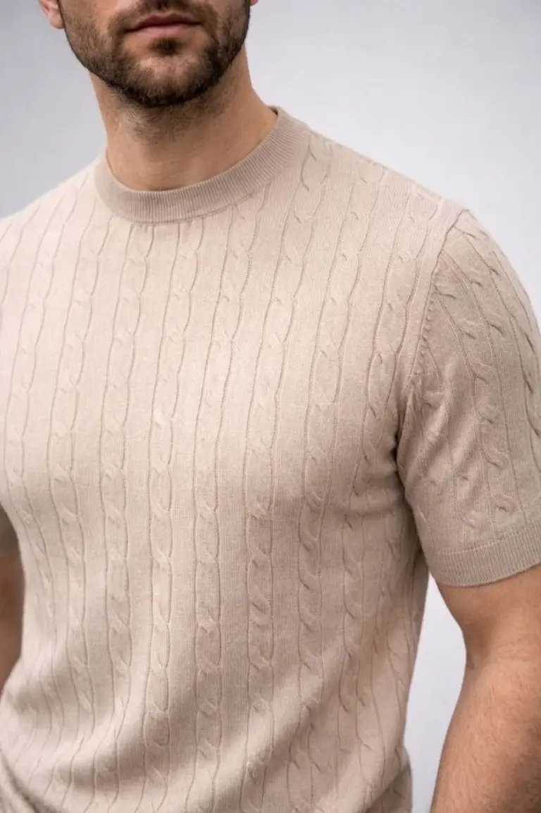 Yazlık Triko Dokuma Tişört Kısa Kol Bisiklet Yaka Örgü Desenli T-Shirt - Bej