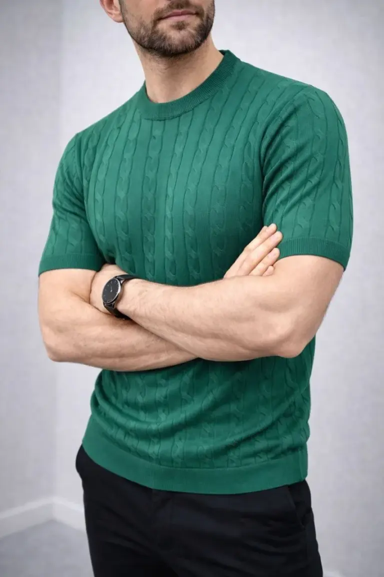 Yazlık Triko Dokuma Tişört Kısa Kol Bisiklet Yaka Örgü Desenli T-Shirt - Haki