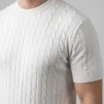 Yazlık Triko Dokuma Tişört Kısa Kol Bisiklet Yaka Örgü Desenli T-Shirt - Beyaz