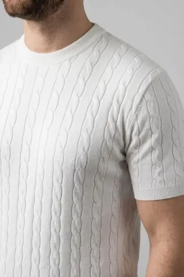 Yazlık Triko Dokuma Tişört Kısa Kol Bisiklet Yaka Örgü Desenli T-Shirt - Beyaz