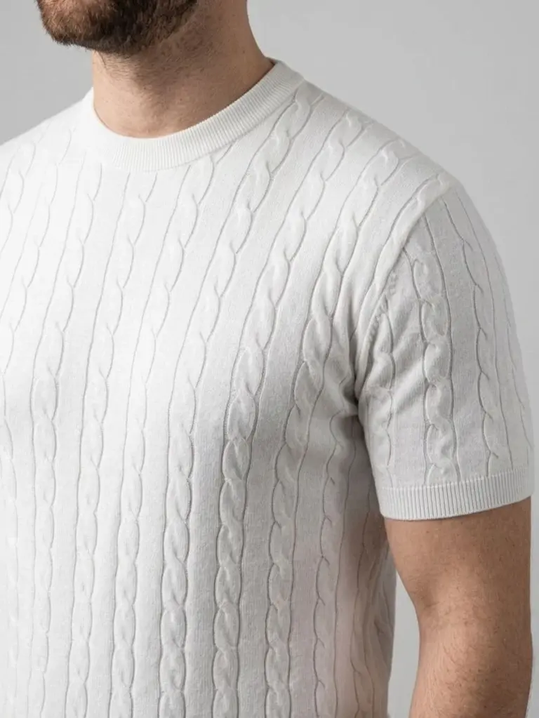 Yazlık Triko Dokuma Tişört Kısa Kol Bisiklet Yaka Örgü Desenli T-Shirt - Beyaz