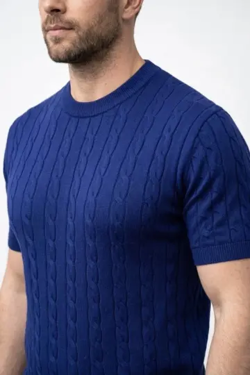 Yazlık Triko Dokuma Tişört Kısa Kol Bisiklet Yaka Örgü Desenli T-Shirt - Lacivert