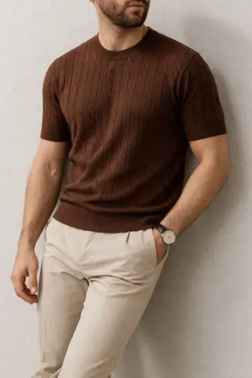 Yazlık Triko Dokuma Tişört Kısa Kol Bisiklet Yaka Örgü Desenli T-Shirt - Kahverengi