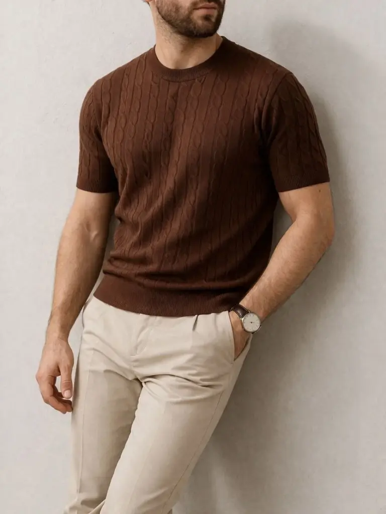 Yazlık Triko Dokuma Tişört Kısa Kol Bisiklet Yaka Örgü Desenli T-Shirt - Kahverengi