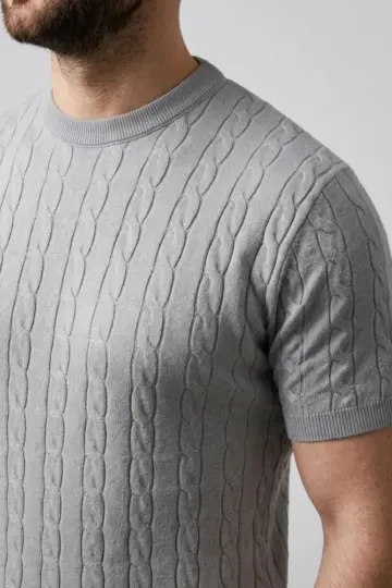 Yazlık Triko Dokuma Tişört Kısa Kol Bisiklet Yaka Örgü Desenli T-Shirt - Gri