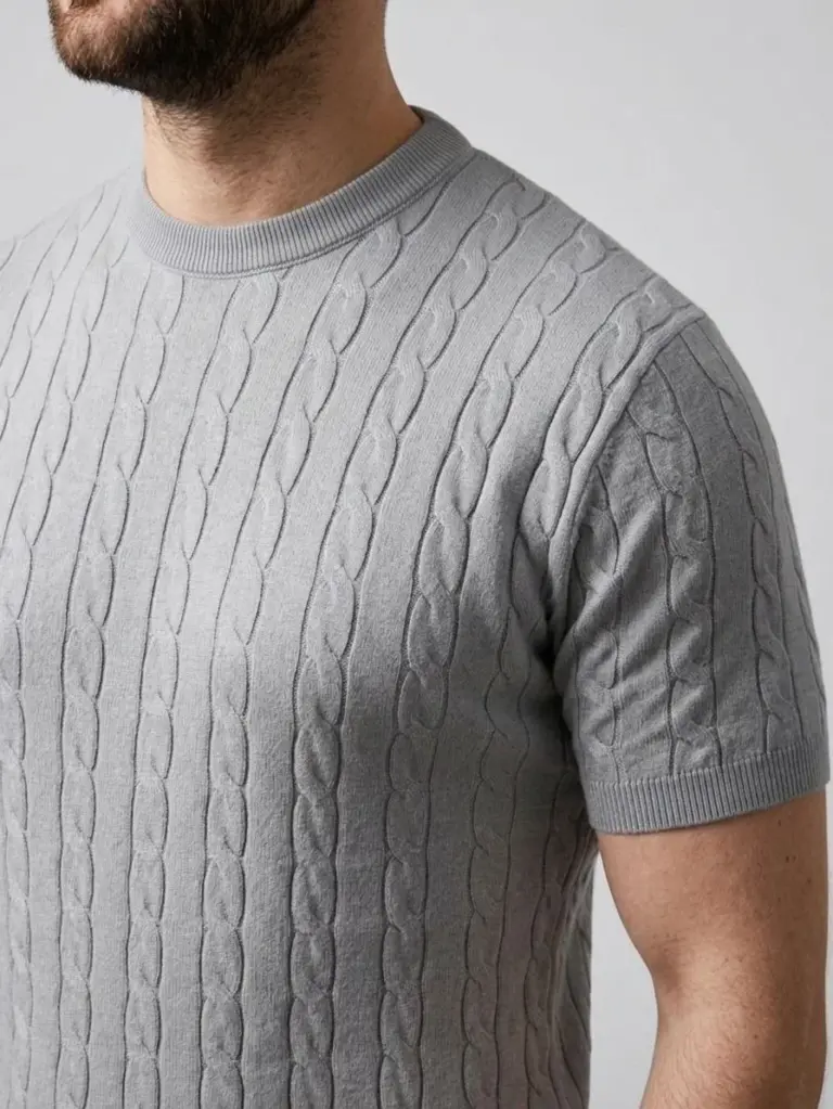 Yazlık Triko Dokuma Tişört Kısa Kol Bisiklet Yaka Örgü Desenli T-Shirt - Gri