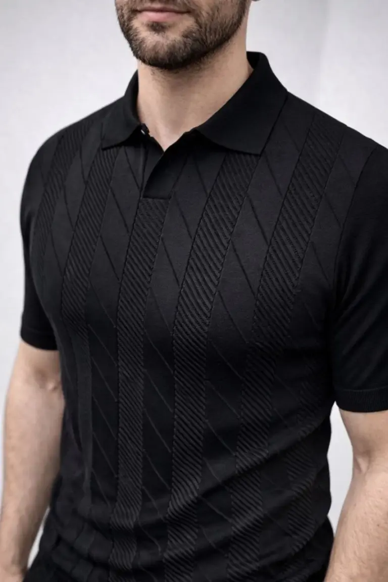 Yazlık Triko Dokuma Tişört Kısa Kol Polo Yaka T-Shirt - Siyah