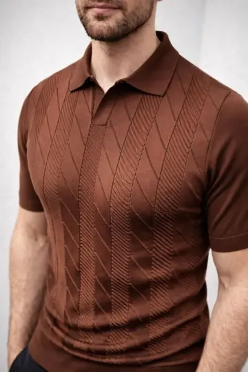 Yazlık Triko Dokuma Tişört Kısa Kol Polo Yaka T-Shirt - Kahverengi