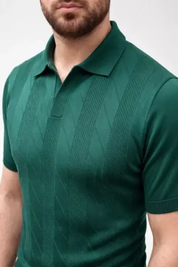 Yazlık Triko Dokuma Tişört Kısa Kol Polo Yaka T-Shirt - Koyu Yeşil