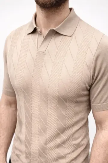 Yazlık Triko Dokuma Tişört Kısa Kol Polo Yaka T-Shirt - Bej