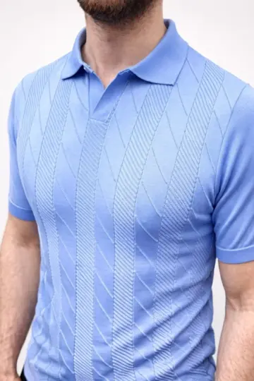 Yazlık Triko Dokuma Tişört Kısa Kol Polo Yaka T-Shirt - Bebek Mavisi