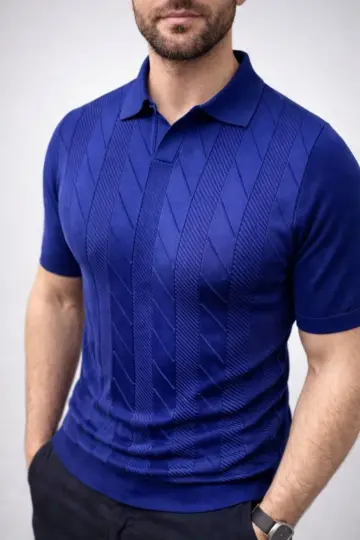 Yazlık Triko Dokuma Tişört Kısa Kol Polo Yaka T-Shirt - Lacivert