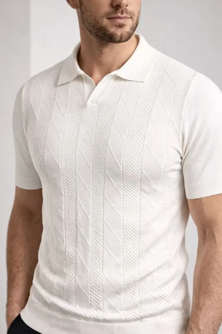 Yazlık Triko Dokuma Tişört Kısa Kol Polo Yaka T-Shirt - Beyaz