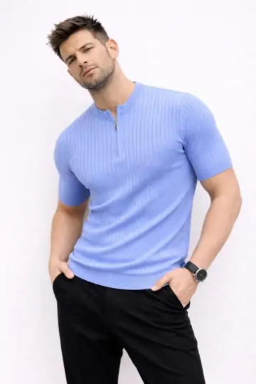 Kısa Kol Fitilli Triko T-Shirt Yazlık Hakim Yaka Tişört - Bebek Mavisi