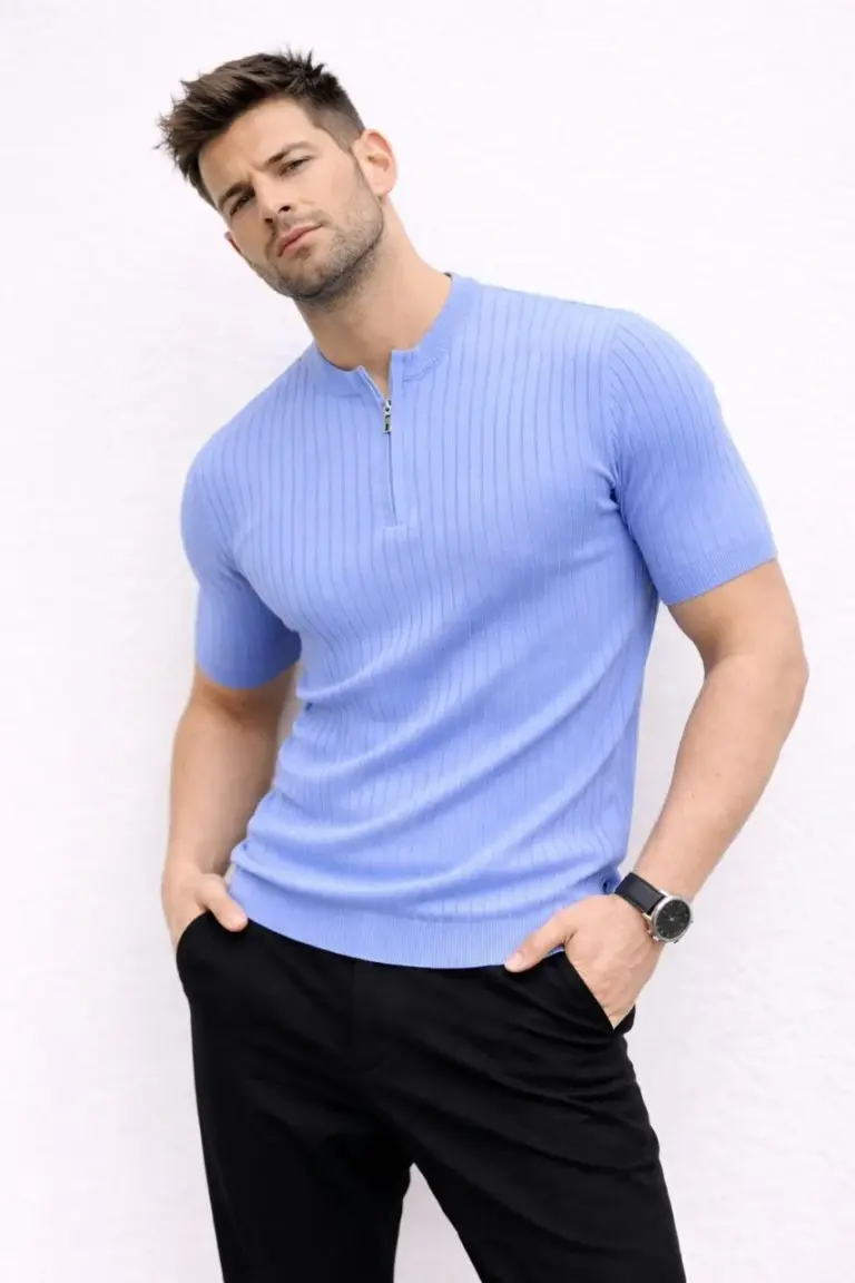 Kısa Kol Fitilli Triko T-Shirt Yazlık Hakim Yaka Tişört - Bebek Mavisi