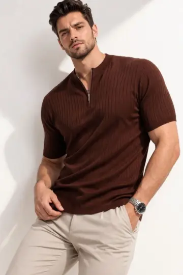 Kısa Kol Fitilli Triko T-Shirt Yazlık Hakim Yaka Tişört - Kahverengi