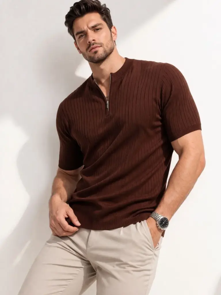 Kısa Kol Fitilli Triko T-Shirt Yazlık Hakim Yaka Tişört - Kahverengi