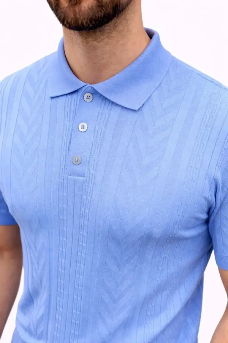 Yazlık Triko Tişört Kısa Kol Polo Yaka Düğmeli T-Shirt - Bebek Mavisi