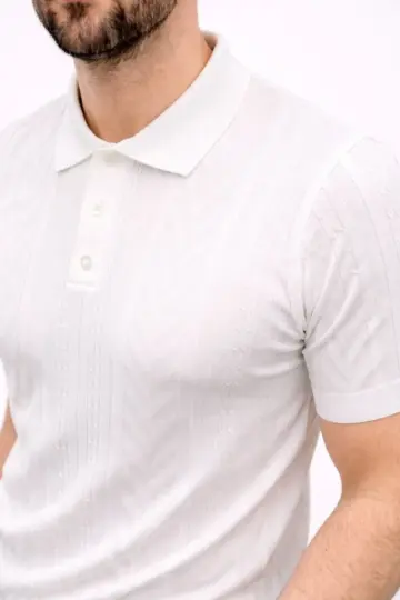 Yazlık Triko Tişört Kısa Kol Polo Yaka Düğmeli T-Shirt - Beyaz